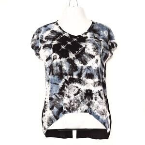 Blue Black Tie Dye Short Sleeve High-Low Split Tail Top Size M
